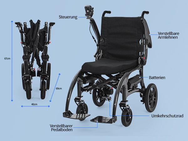 Nova-1 Carbon Elektrorollstuhl | Ultraleicht (13,8 kg), faltbar, mit Doppelakku bis 25 km Reichweite